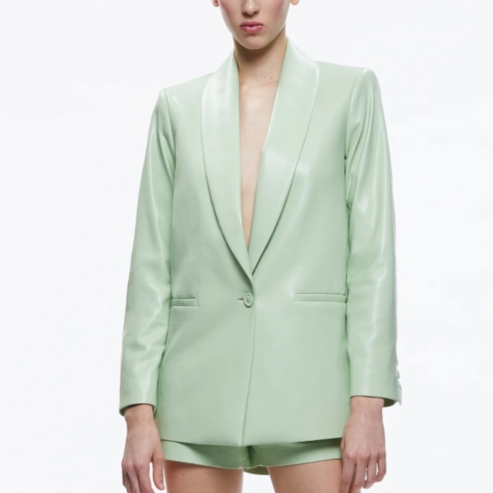 Alice + Olivia denny vegan leather shawl collar blazer in pistachio